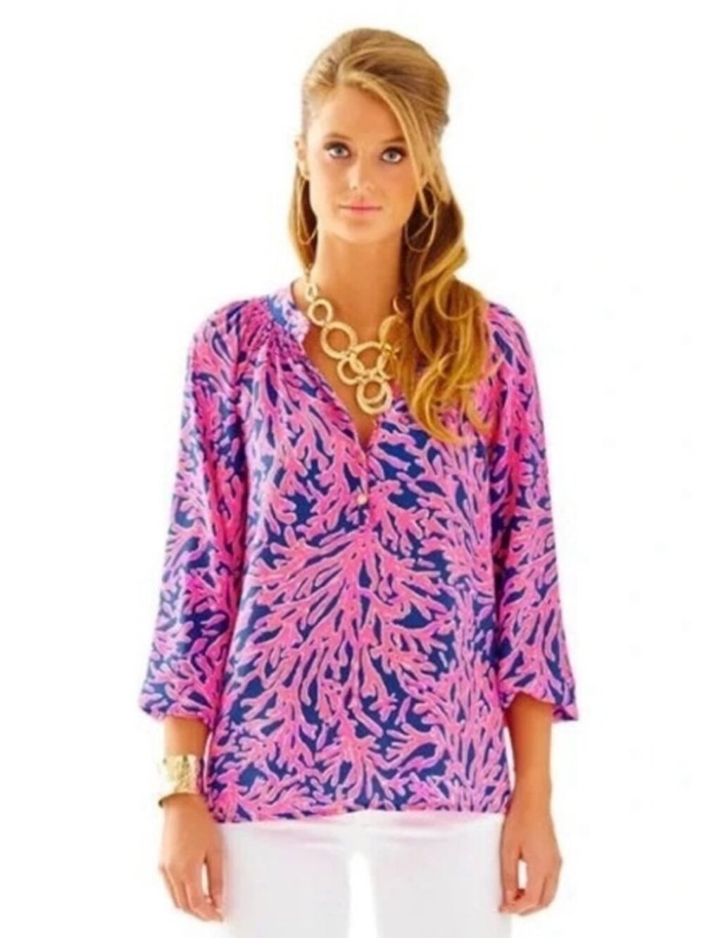 Lilly Pulitzer Pink and Navy Coral-Print Tunic Blouse